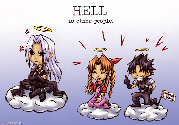 1girl 2boys aerith_gainsborough brown_hair chibi cloud clouds final_fantasy final_fantasy_vii flag halo long_hair middle_finger multiple_boys peace_sign ponytail ribbon sephiroth shoulder_pads sitting spiked_hair spikey_hair square-enix square_enix tongue v white_hair zack_fair