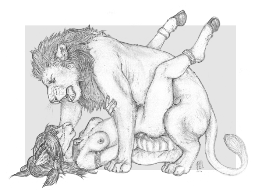 alterise anthro anthro_on_feral bestiality breasts caprine collar eyes_closed feline female feral hooves interspecies legs_up lion lying male mammal missionary_position moan nipples nude on_back open_mouth penetration pillow plain_background predator/prey_relations sex sheep straight tanuki_(artist) teeth