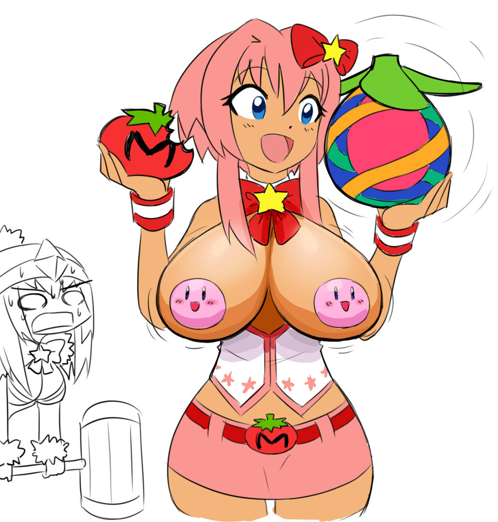 blue_eyes breast_envy breasts genderswap hammer king_dedede kirby kirby_(series) large_breasts matsu-sensei maxim_tomato miracle_fruit pasties personification pink_hair sweat tomato