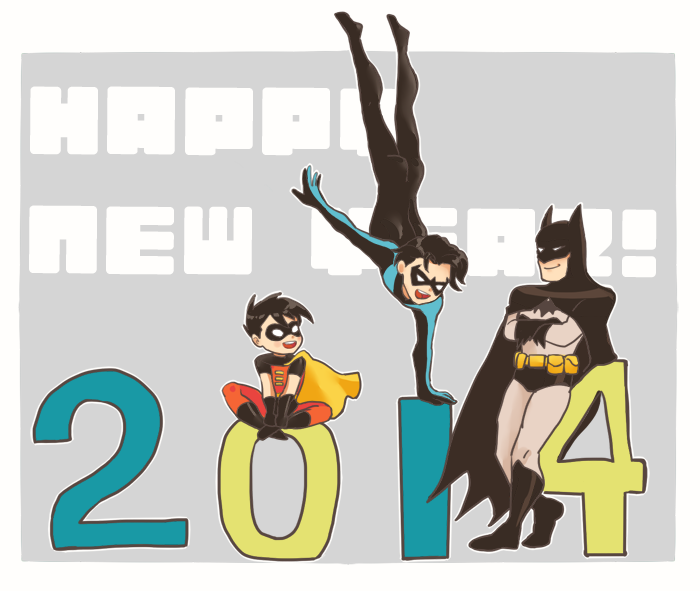 2014 3boys batman batman_(series) black_hair boots brothers bruce_wayne cape dc_comics dick_grayson domino_mask family father father_and_son gloves gymnastics handstand happy_new_year holiday imo_(ume_syrop) mask multiple_boys new_year nightwing robin_(dc) siblings sitting smile son tim_drake upside-down