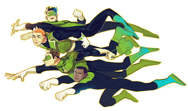 4boys black_hair bodysuit boots brown_hair dark_skin dc_comics domino_mask flying gloves green_lantern green_lantern_(series) guy_gardner hal_jordan john_stewart kyle_rayner male male_focus mask multiple_boys orange_hair smile