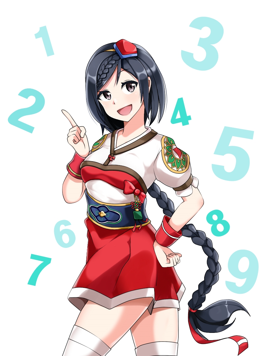 1girl 2 3 4 5 6 8 9 black_eyes black_hair braid comic educational_broadcasting_system eyelashes french_braid hair_ornament hand_on_hip happy index_finger_raised japanese_clothes long_hair looking_at_viewer number obi open_mouth ponytail red_skirt sash semi_(ebs) simple_background skirt smile solo standing tassel thighhighs trex97 very_long_hair white_background wrist_cuffs