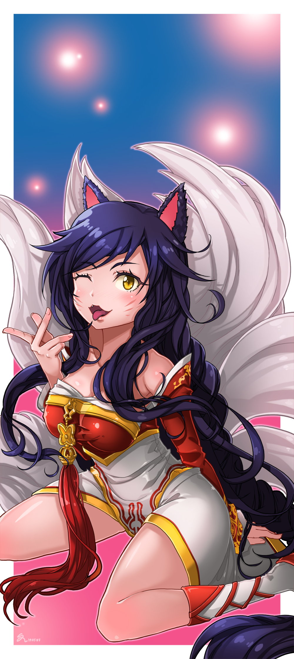 :p ahri animal_ears bad_id bad_pixiv_id black_hair blush boots braid detached_sleeves dress facial_mark fox_ears fox_tail highres league_of_legends long_hair long_sleeves multiple_tails one_eye_closed open_mouth single_braid sitting smile solo ssalbaram tail tongue tongue_out yellow_eyes
