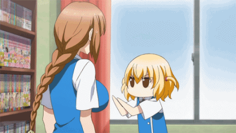 animated animated_gif attack blonde_hair bouncing_breasts braid breast_punch breasts brown_hair chibi d-frag! large_breasts long_hair looping_animation lowres multiple_girls punching school_uniform shibasaki_roka short_hair takao_(d-frag!) twintails
