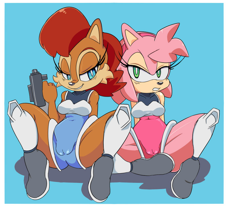 amy_rose anthro blue_eyes boots breasts brown_fur chipmunk clothing cloudz cosplay female fur green_eyes hair happy hedgehog looking_at_viewer mammal mighty_switch_force pink_hair plain_background red_hair rodent sally_acorn sega smile sonic_(series) thick_thighs video_games wide_hips