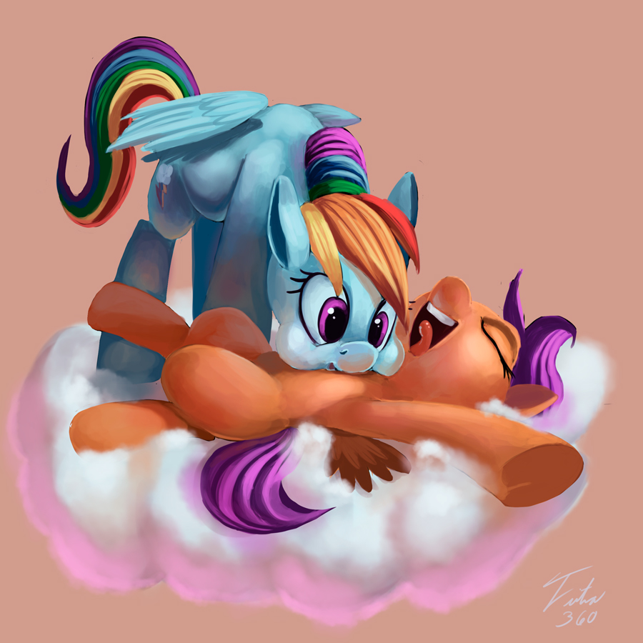 cloud cub cutie_mark duo equine female friendship_is_magic horse laugh lying mammal my_little_pony on_back pegasus pony rainbow_dash_(mlp) scootaloo_(mlp) smile tsitra360 wings young