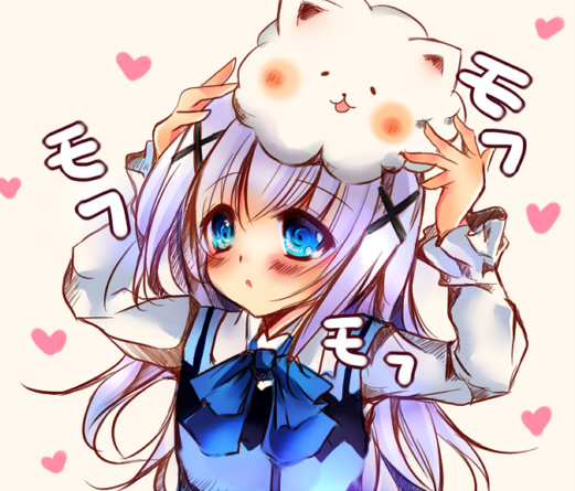 1girl animal animal_on_head blue_eyes blush gochuumon_wa_usagi_desu_ka? gochuumon_wa_usagi_desuka? kafuu_chino long_hair tippy tippy_(gochuumon_wa_usagi_desuka?)