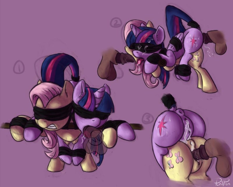 anus balls bdsm blindfold bondage bound cum cutie_mark equine fellatio female fluttershy_(mlp) friendship_is_magic horn horse male mammal my_little_pony oral oral_sex pegasus penis pony pussy sex smile twilight_sparkle_(mlp) winged_unicorn wings