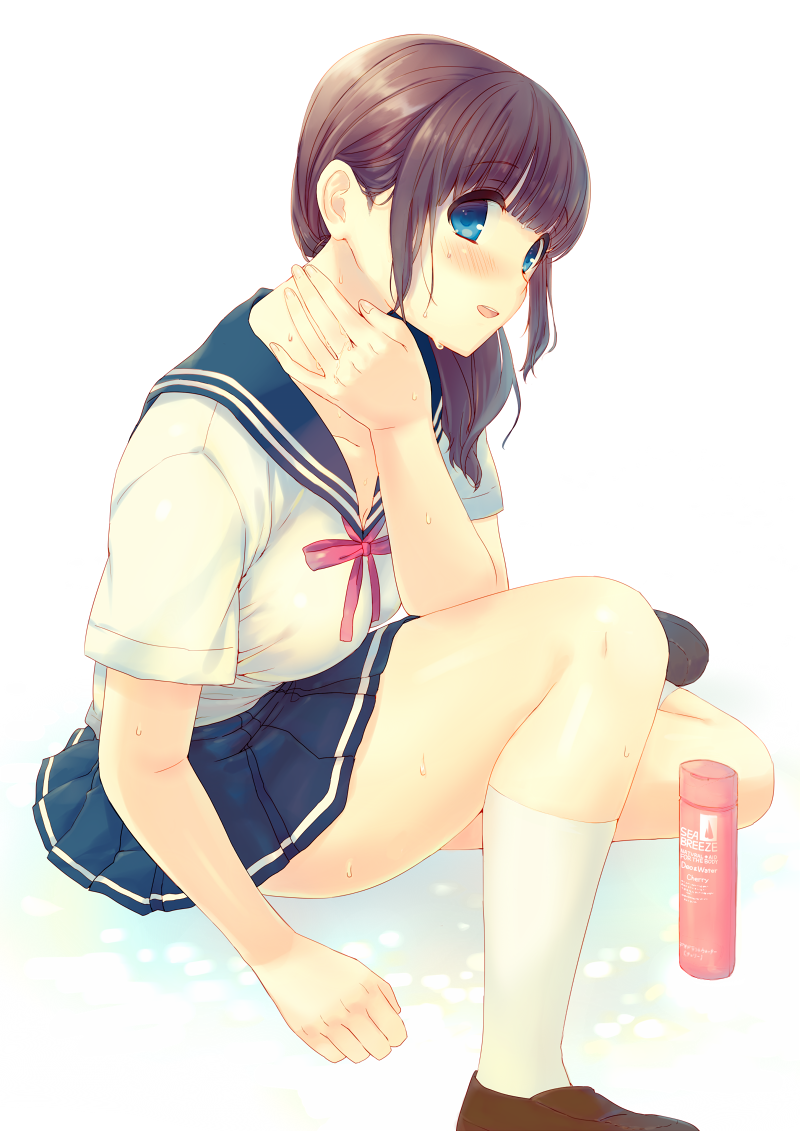 bad_id bad_pixiv_id bangs blue_eyes blunt_bangs blush brown_hair kinoko kneehighs long_hair open_mouth original school_uniform serafuku sitting skirt smile solo wet white_legwear