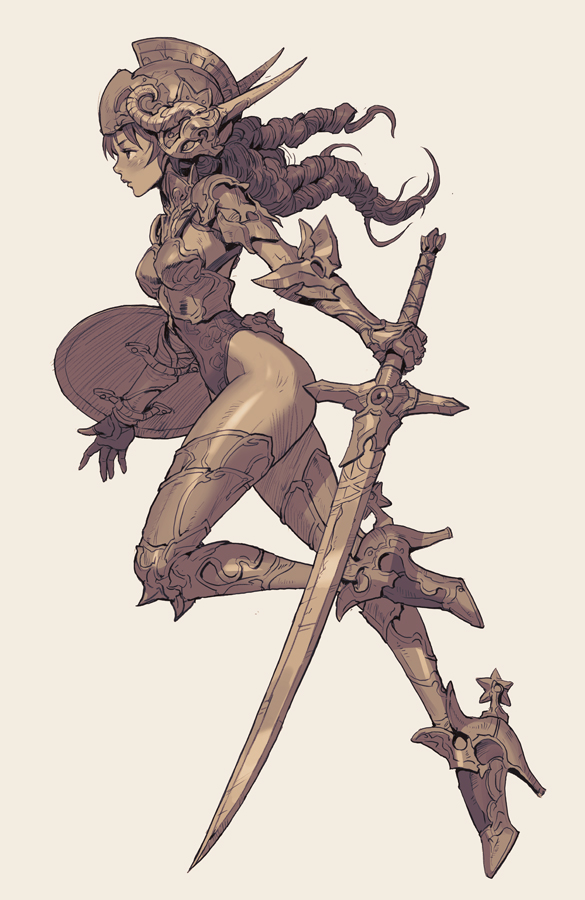 armor boots breastplate full_body gauntlets greaves helmet high_heel_boots high_heels holding holding_sword holding_weapon kilart left-handed leotard long_hair md5_mismatch monochrome original profile running sepia shield simple_background solo spurs sword thigh_boots thighhighs weapon