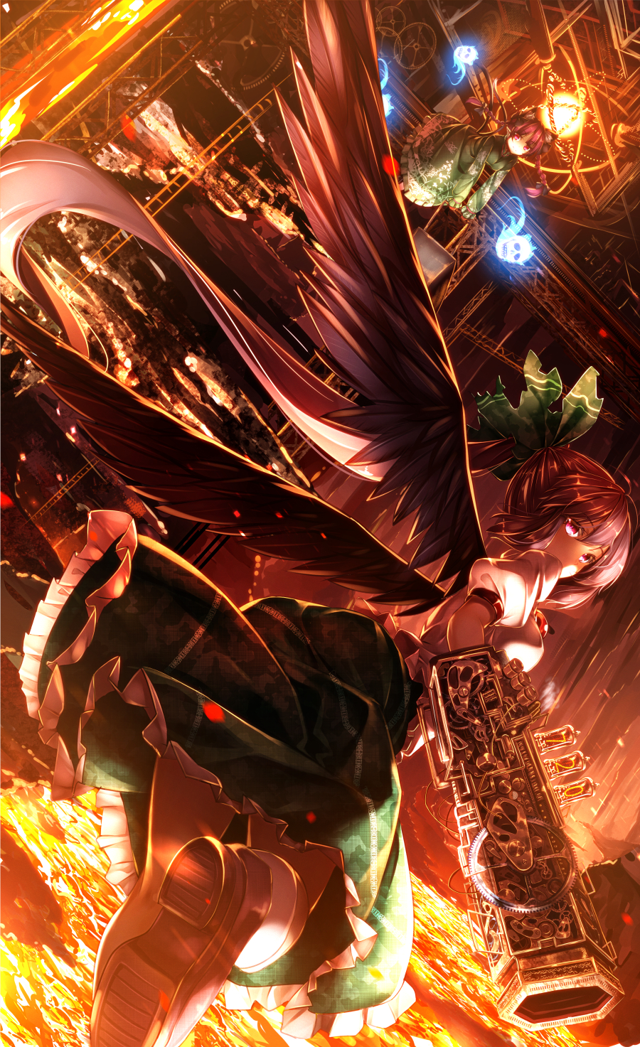 alternate_weapon arm_cannon black_wings commentary dutch_angle flaming_skull flying gears highres kaenbyou_rin looking_at_viewer looking_back mechanical multiple_girls nixie_tube parody reiuji_utsuho ryosios skull steins;gate third_eye touhou weapon wings