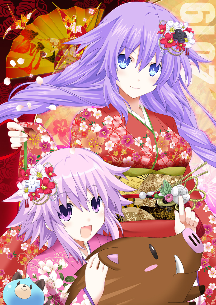 :d alternate_costume blue_eyes blush braid breasts commentary_request d-pad d-pad_hair_ornament dogoo dual_persona floral_print flower hair_between_eyes hair_flower hair_ornament highres japanese_clothes kagura_ittou kimono long_hair looking_at_viewer medium_breasts medium_hair neptune_(neptune_series) neptune_(series) new_year open_mouth pointing pointing_at_self power_symbol purple_eyes purple_hair purple_heart red_kimono smile symbol-shaped_pupils twin_braids twintails very_long_hair