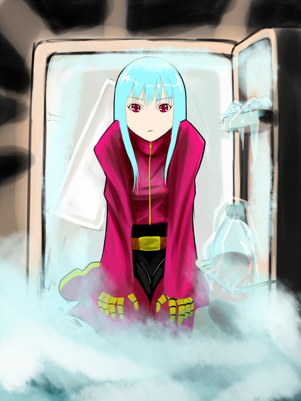 blue_hair in_container in_refrigerator kula_diamond long_hair looking_at_viewer pun red_eyes refrigerator sitting solo takon34 the_king_of_fighters wariza