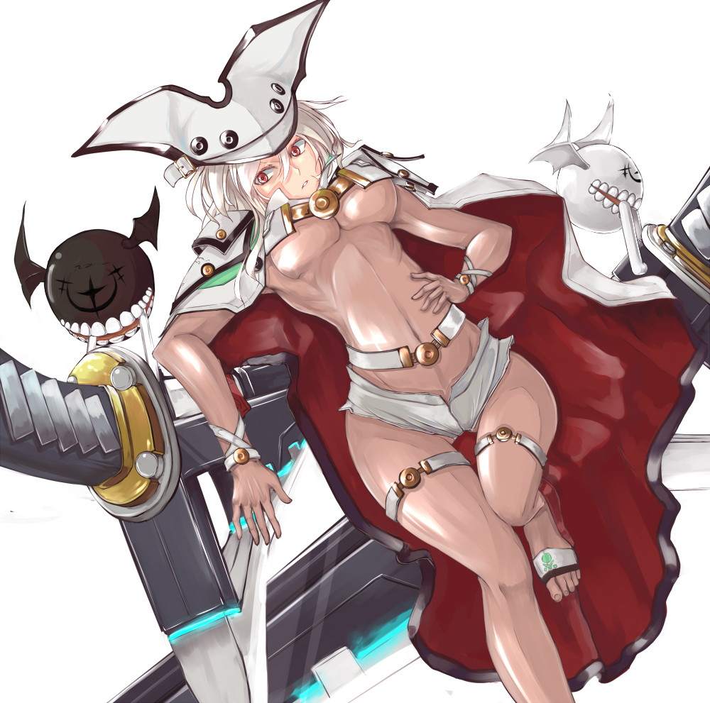 arc_system_works beltbra breasts coat creature dacho dark_skin demon_wings dual_swords dutch_angle guilty_gear guilty_gear_xrd hat katana large_breasts long_hair lucifero mouth_hold ramlethal_valentine short_shorts shorts simple_background sword underboob weapon white_background white_hair wings