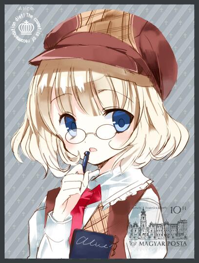 alice_margatroid alternate_costume bad_id bad_twitter_id bespectacled blonde_hair blue_eyes blush cierra_(ra-bit) glasses grey_background hat long_sleeves looking_at_viewer necktie notebook open_mouth pen pince-nez portrait shirt short_hair simple_background solo text_focus touhou