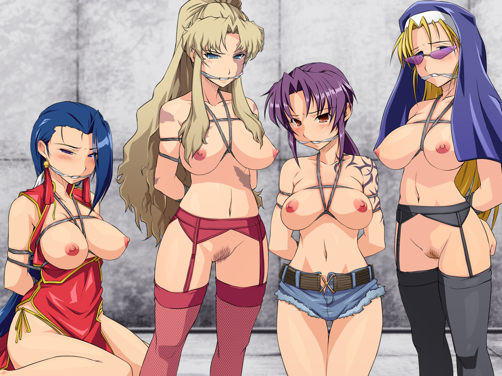 alternate_legwear arms_behind_back balalaika_(black_lagoon) bdsm black_lagoon blonde_hair blue_hair blush bondage bound bound_arms breasts breasts_outside china_dress chinese_clothes cloth_gag denim denim_shorts dress eda_(black_lagoon) gag gagged garter_belt habit hairy improvised_gag kneeling large_breasts long_hair multiple_girls navel nipples nun onigiri_(ocelot) pubic_hair pussy revy_(black_lagoon) rope scar shenhua shibari shorts skindentation standing sunglasses tattoo tears thighhighs uncensored