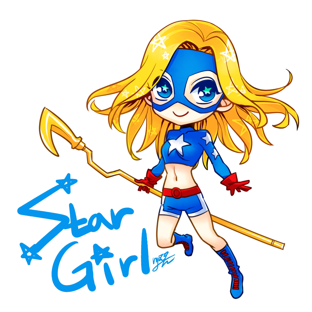 1girl blonde_hair blue_eyes boots character_name chibi courtney_whitmore dc_comics gloves mask shorts solo staff stargirl
