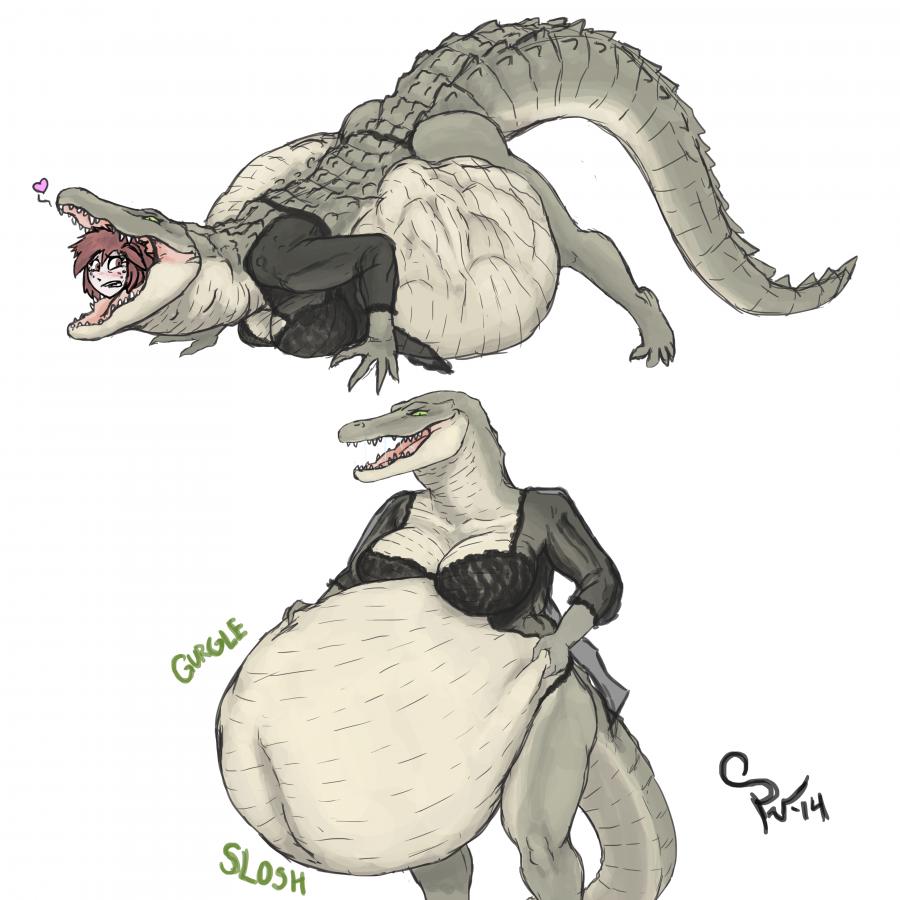 breasts bulge clothing crocodile english_text female hair human large_bulge mammal nightgown outfit paunchyvore reptile scales scalie text vorarephilia vore