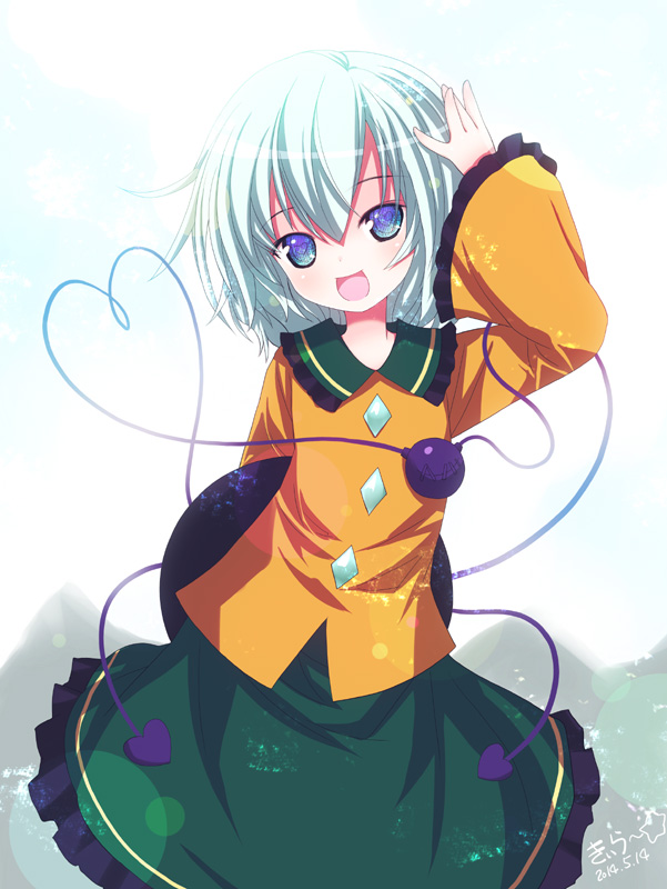 :d blue_eyes hat hat_removed headwear_removed heart heart_of_string kiira komeiji_koishi long_sleeves looking_at_viewer open_mouth shirt silver_hair skirt smile solo third_eye touhou wide_sleeves