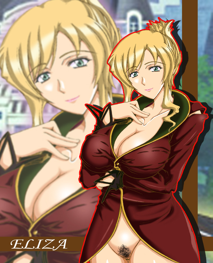 1girl blonde_hair blue_eyes bottomless breasts cleavage detached_sleeves dress elisa female large_breasts pubic_hair pussy quiz_magic_academy solo standing tsumiya_kazuki uncensored