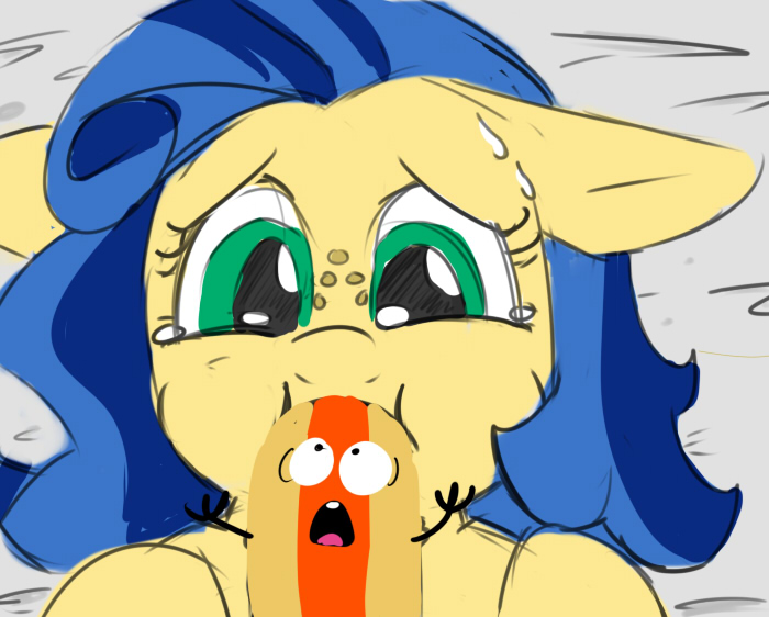 eating equine female food freckles friendship_is_magic fur green_eyes hair hooves horse hot_dog mammal milky_way_(character) my_little_pony one_tooth open_mouth pony strangerdanger sweat wide_eyed