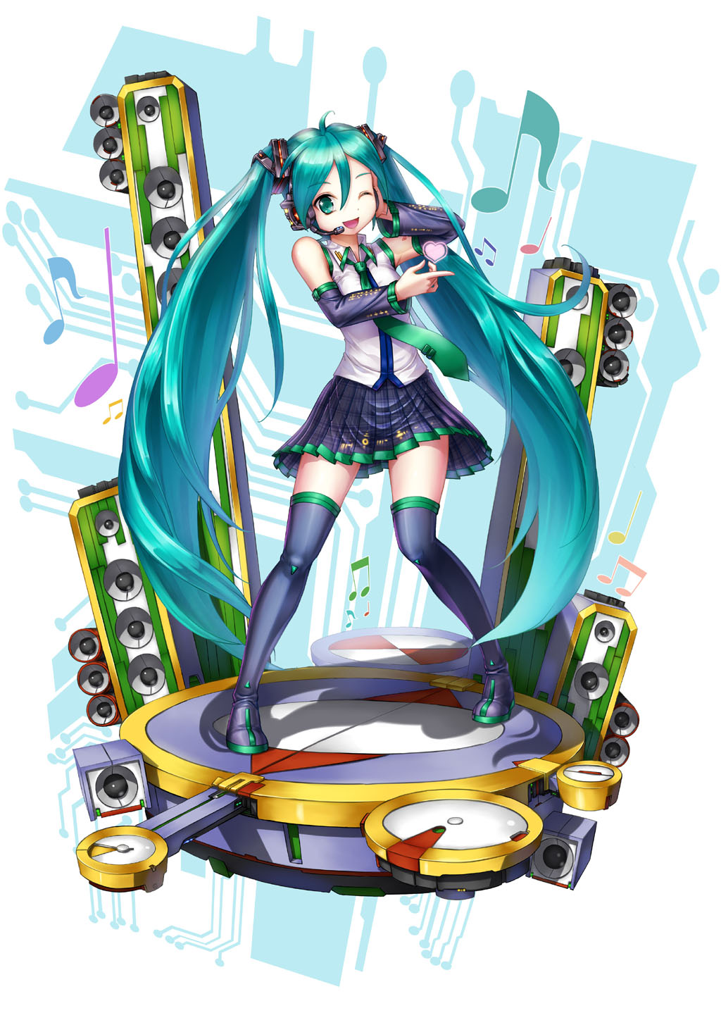 ahoge aqua_hair beamed_eighth_notes boots crazypen detached_sleeves eighth_note green_eyes hatsune_miku headset heart highres long_hair musical_note necktie one_eye_closed open_mouth quarter_note skirt solo speaker thigh_boots thighhighs twintails very_long_hair vocaloid