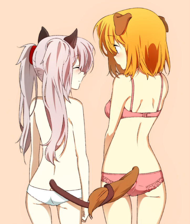 :o ^_^ animal_ears ass back bad_id bad_pixiv_id beige_background blue_eyes blush bra butt_crack cat_ears cat_tail closed_eyes closed_mouth cowboy_shot dog_ears dog_tail from_behind fuyou_kaede hair_tie happy intertwined_tails kemonomimi_mode lace lace-trimmed_panties light_smile long_hair looking_at_another multiple_girls open_mouth orange_hair pale_skin panties pink_bra pink_panties primula profile short_hair shuffle! silver_hair simple_background smile standing tail tariho_(robotanime) topless twintails underwear underwear_only white_panties yuri