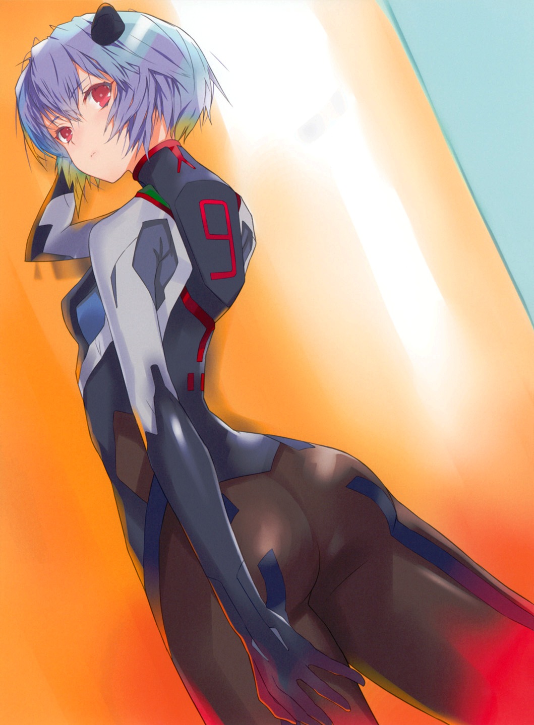 ass ayanami_rei black_bodysuit blue_hair bodysuit dutch_angle fuyuno_haruaki highres looking_back neon_genesis_evangelion plugsuit rebuild_of_evangelion red_eyes scan short_hair solo