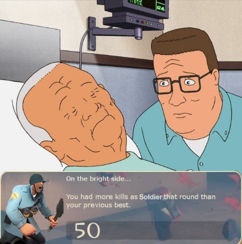 cotton_hill death hank_hill helmet hospital hospital_bed hospital_gown king_of_the_hill shovel soldier team_fortress_2