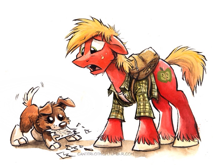 big_macintosh_(mlp) blonde_hair canine clothing cutie_mark dog duo equine female feral freckles friendship_is_magic frustration fur gnawing green_eyes hair horse male mammal my_little_pony pony red_fur sack shirt sophiecabra tess_garman winona_(mlp) young