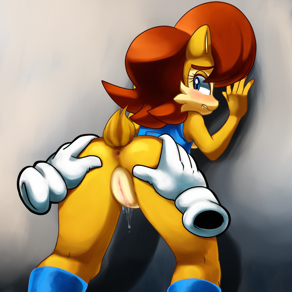 anus blue_eyes blush butt chipmunk disembodied_hand duo female hair looking_back mammal presenting presenting_hindquarters pussy pussy_juice red_hair rodent sally_acorn sega sonic_(series) wet wet_pussy