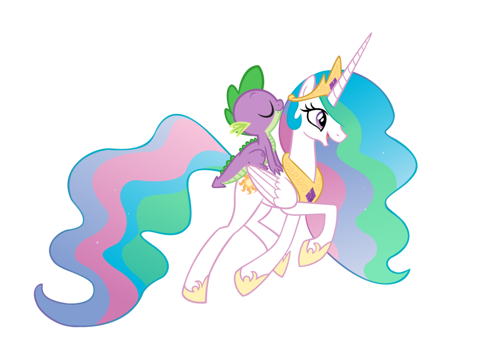 alpha_channel crown cutie_mark dragon duo equine eyes_closed fangs female friendship_is_magic gold hair horn male mammal multi-colored_hair my_little_pony necklace plain_background princess_celestia_(mlp) purple_eyes queencold riding sparkles spike_(mlp) transparent_background winged_unicorn wings