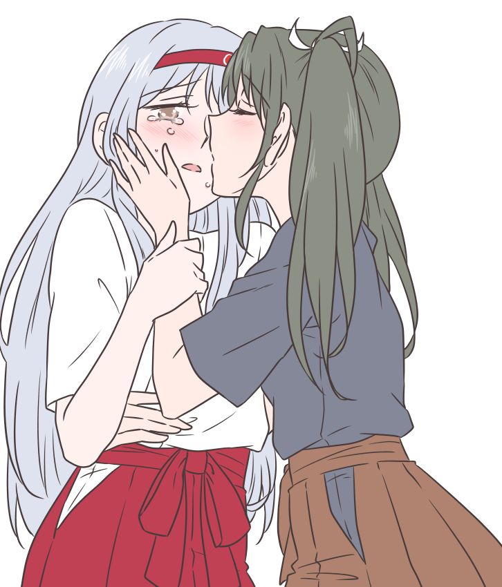 arm_around_back bad_id bad_pixiv_id brown_eyes cheek_kiss closed_eyes crying grey_hair hair_ribbon hairband hand_on_another's_cheek hand_on_another's_face kantai_collection kiss long_hair multiple_girls nontraditional_miko pleated_skirt ribbon shoukaku_(kantai_collection) skirt twintails udon_(shiratama) white_background white_hair yuri zuikaku_(kantai_collection)
