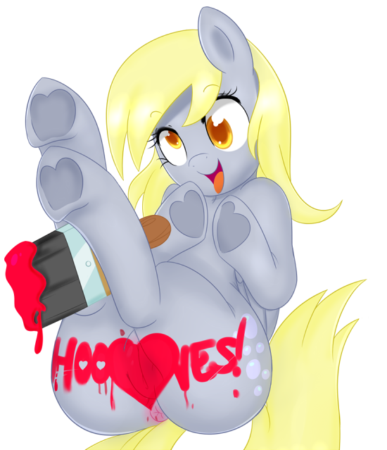 alpha_channel anus blonde_hair butt cutie_mark derpy_hooves_(mlp) english_text equine eyelashes female friendship_is_magic fur grey_fur hair happy hooves legs_up loopend mammal my_little_pony paint paintbrush pegasus plain_background pussy smile solo text transparent_background wings