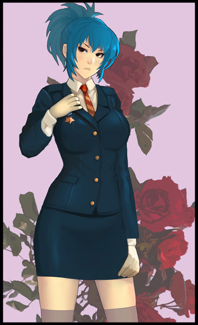 alternate_costume blue_hair border breasts buttons floral_background formal jacket large_breasts leona_heidern long_hair military military_uniform miniskirt necktie pencil_skirt ponytail skirt skirt_set skirt_suit solo steward_b suit the_king_of_fighters thighhighs uniform