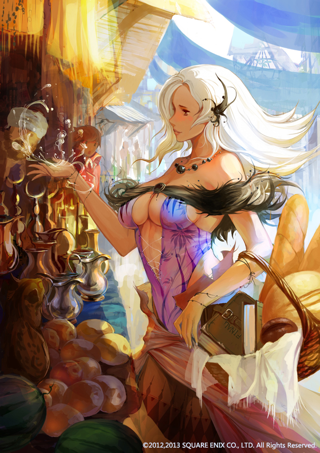 artist_name bare_shoulders basket bread breasts brown_eyes final food jewelry large_breasts long_hair multiple_girls necklace smile solo_focus square_enix underboob water white_hair