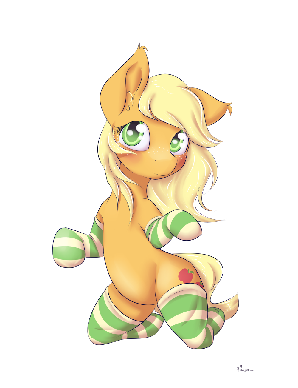 alasou alpha_channel applejack_(mlp) blonde_hair blush cutie_mark equine female friendship_is_magic fur green_eyes hair horse looking_at_viewer loose_hair mammal my_little_pony orange_fur plain_background pony socks solo transparent_background