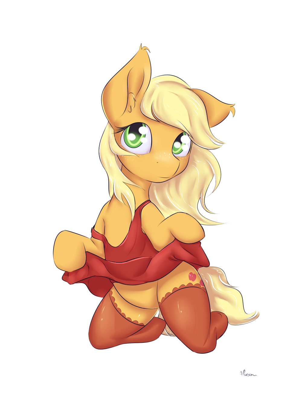 alasou alpha_channel applejack_(mlp) blonde_hair cutie_mark dress equine female friendship_is_magic fur green_eyes hair horse legwear looking_at_viewer loose_hair mammal my_little_pony orange_fur plain_background pony solo stockings thigh_highs transparent_background