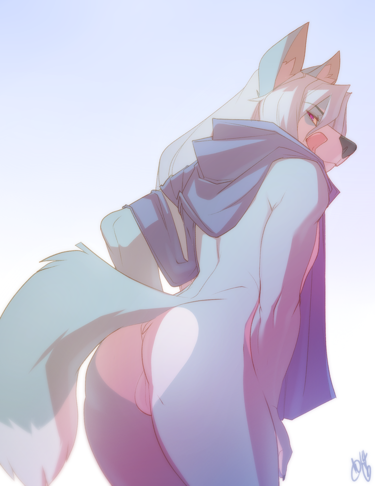 anthro arctic_fox axel_winterveil balls bent_over blue_fur butt canine fox fur licking licking_lips looking_at_viewer looking_back male mammal nude patto pinup pose red_eyes scarf solo tongue tongue_out