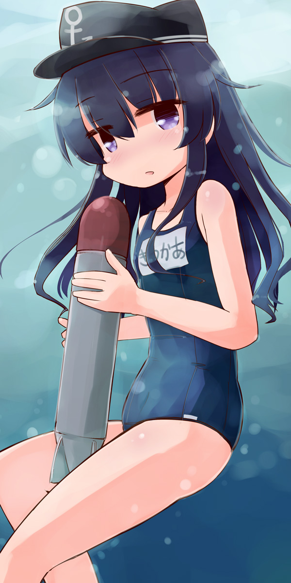 akatsuki_(kantai_collection) black_hair hakuun_(m2230) hat highres kantai_collection long_hair one-piece_swimsuit purple_eyes school_swimsuit sexually_suggestive solo swimsuit torpedo