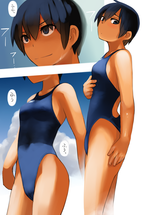 1girl black_eyes black_hair commentary competition_swimsuit highleg highleg_swimsuit kuronami_(lvi) lvi one-piece_swimsuit original short_hair swimsuit translated