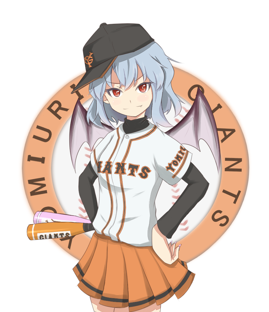 baseball_cap baseball_jersey bat_wings fang fang_out hands_on_hips hat miniskirt nippon_professional_baseball orange_skirt red_eyes remilia_scarlet short_sleeves skirt skirt_set slit_pupils smile solo touhou tsutsunuke wings yomiuri_giants