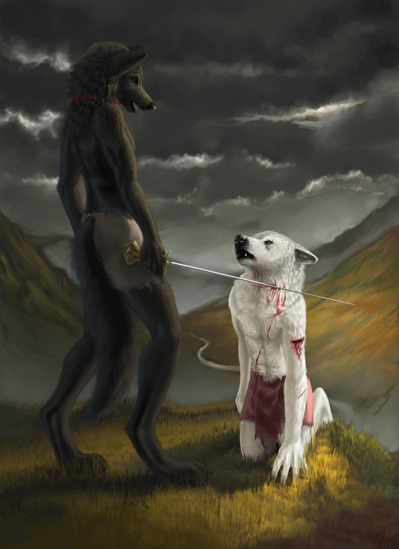 black_nose blood canine cloud cloudy detailed fight fur goodwolf grass invalid_color kneeling mammal mountain nature on_ground side_view sky standing struggle sword weapon white_fur wolf