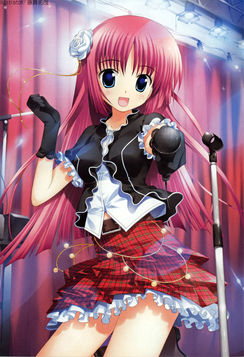 belt black_gloves blue_eyes boots copyright_request flower frills fujima_takuya gathers gloves hair_flower hair_ornament lace lace-trimmed_gloves looking_at_viewer microphone microphone_stand plaid plaid_skirt red_hair rose skirt solo stage white_flower white_rose