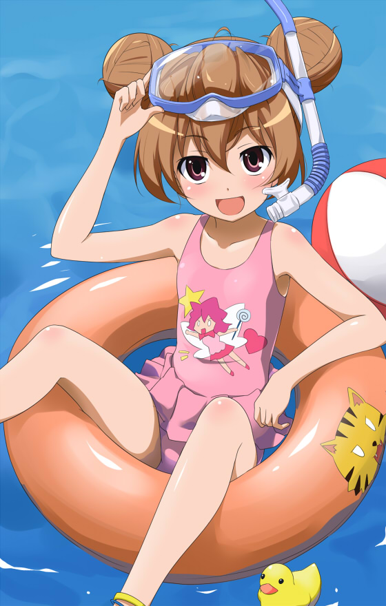 :d afloat aisaka_taiga anklet ball beachball blush brown_hair diving_mask diving_mask_on_head double_bun flat_chest innertube jewelry one-piece_swimsuit open_mouth red_eyes rubber_duck smile snorkel solo swimsuit toradora! water youkan