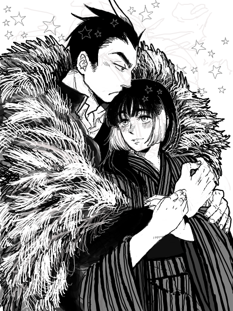 1boy 1girl bad_id bad_pixiv_id cape couple den1208 fur_cape greyscale hetero hug hug_from_behind japanese_clothes long_hair monochrome multicolored_hair ran_to_haiiro_no_sekai sango_(haiiro) school_uniform short_hair uruma_jin