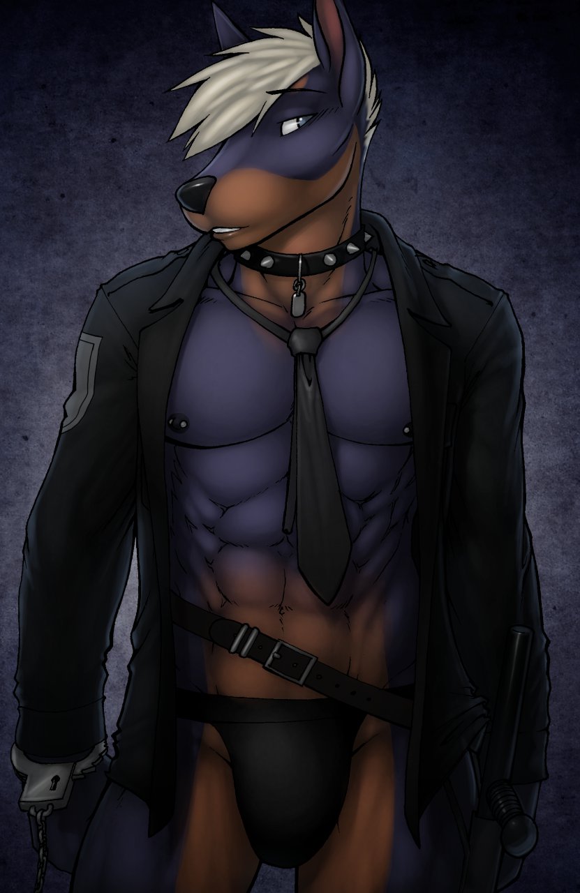 abs alain anthro baton belt black_fur black_nipples black_nose brown_fur bulge canine clothing collar cuffs doberman dog dog_tags fur grey_eyes grey_hair hair handcuffs jockstrap male mammal muscles necktie nipple_piercing nipples open_shirt pecs piercing police police_baton pose riptideshark shackles shirt solo standing strype teeth toned tonfa underwear weapon