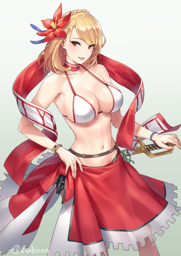 1girl azur_lane bangle bangs bikini blonde_hair blush bracelet braid breasts choker cleavage collarbone crown_braid cuboon eyebrows_visible_through_hair flower french_braid hagoromo hair_flower hair_ornament halter_top halterneck hand_on_sword jewelry large_breasts looking_at_viewer navel parted_lips prince_of_wales_(azur_lane) red_eyes saber_(weapon) shawl short_hair side-tie_skirt skindentation skirt smile solo stomach strap swimsuit sword twitter_username weapon