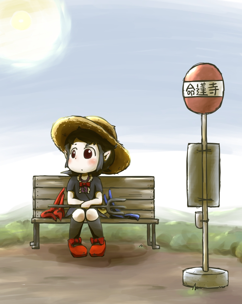 :o asymmetrical_wings bench black_eyes black_hair blue_sky blush_stickers bow bus_stop day dress hat houjuu_nue kneehighs knees_together_feet_apart mary_janes outdoors peconica pointy_ears polearm shoe_bow shoes short_hair short_sleeves sky solo straw_hat sun touhou trident weapon wings
