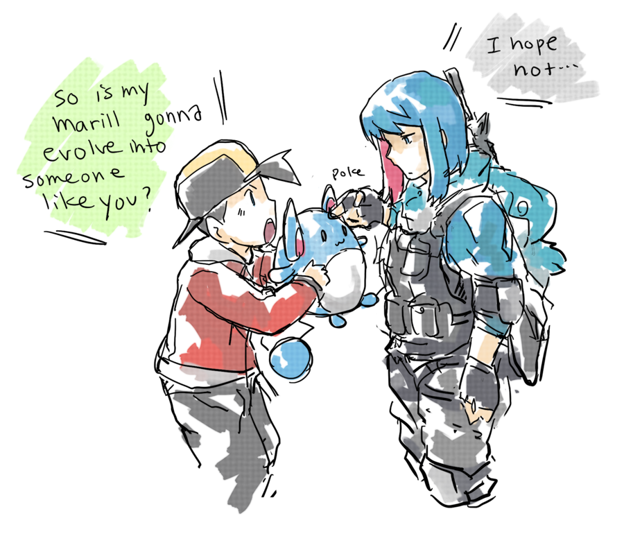 1girl azumarill backwards_hat baseball_cap blue_hair commentary crossover english gen_2_pokemon gold_(pokemon) gun hat marill njike personification pokemon pokemon_(creature) pokemon_(game) pokemon_hgss poking scarf tactical_clothes twitch_plays_pokemon weapon